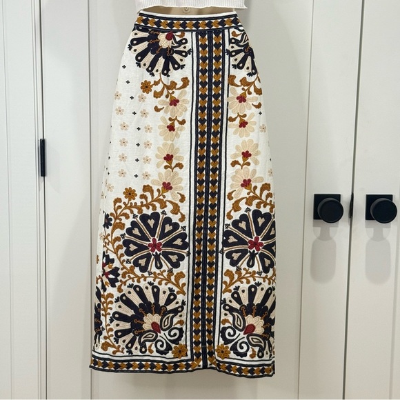 Farm Rio Flower Fan Tapestry Wrap Midi Skirt Linen Embroidered Small Boho Beachy - Picture 7 of 15